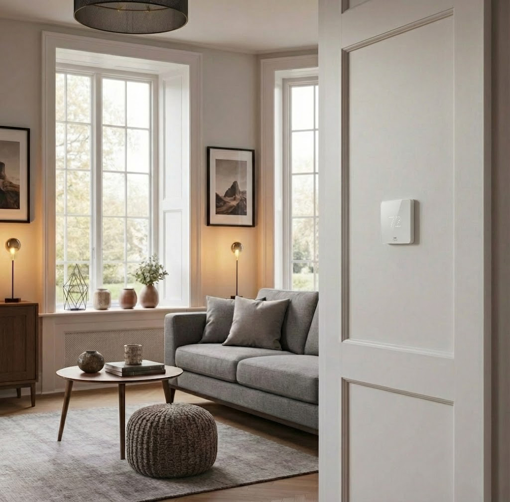 Modern living room with natural light and a sleek smart thermostat mounted on the wall