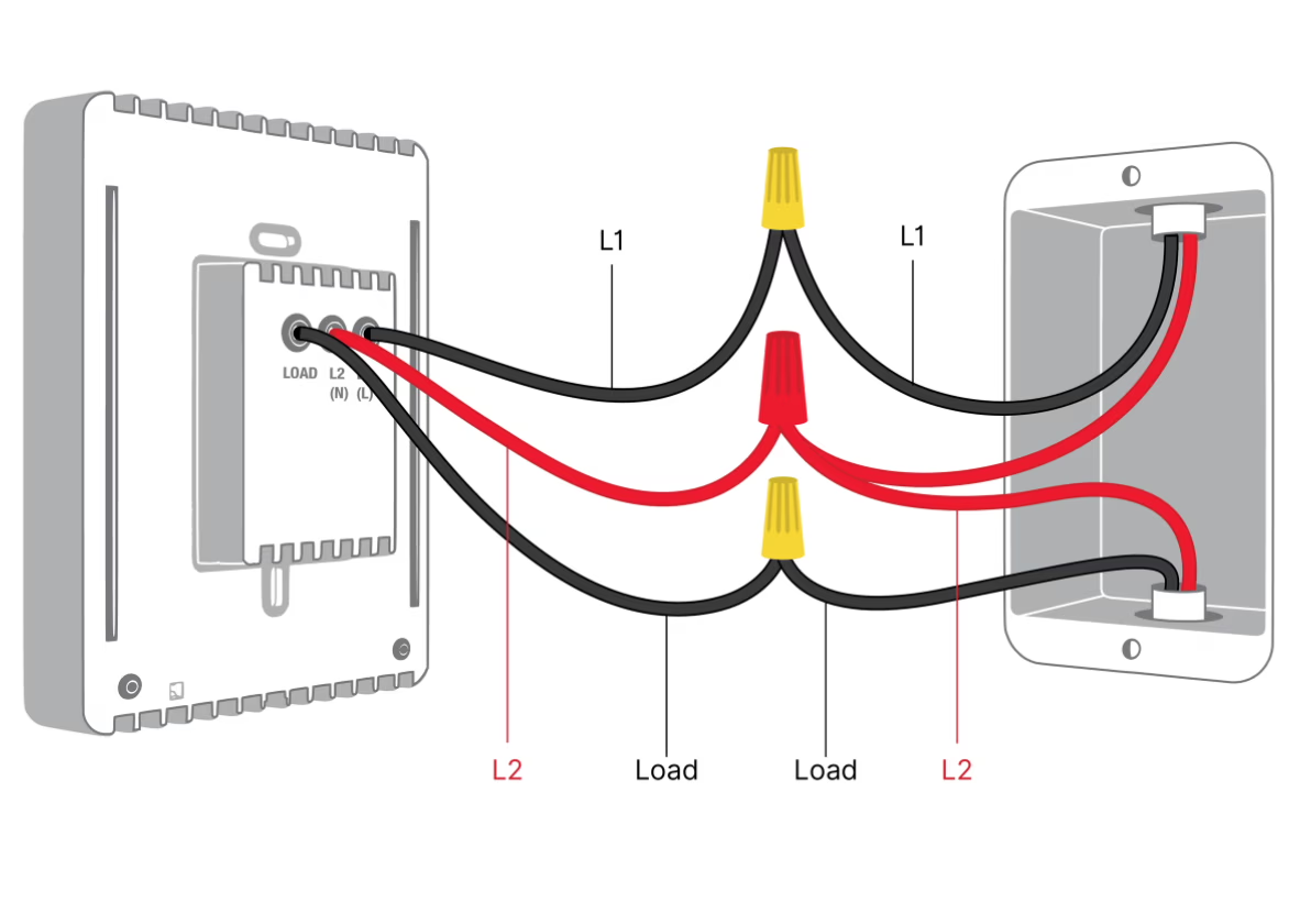 Example of high-voltage thermostat wiring showing thick black and red wires connected with wire nuts